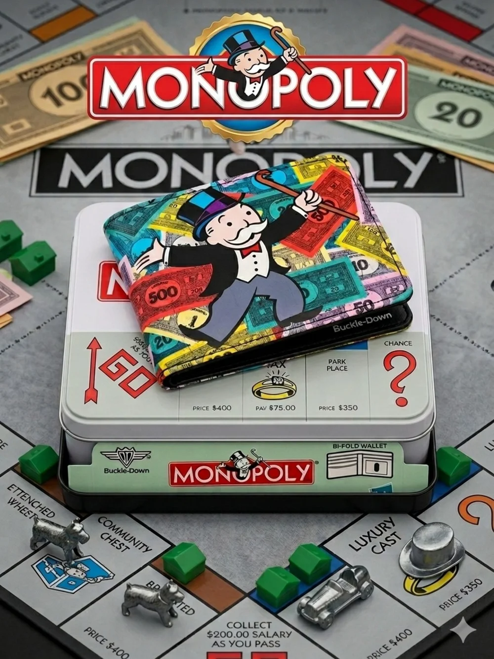 COLLECTIBLE Buckle-Down X MONOPOLY Bi-Fold Vegan Leather WALLET & TIN Set